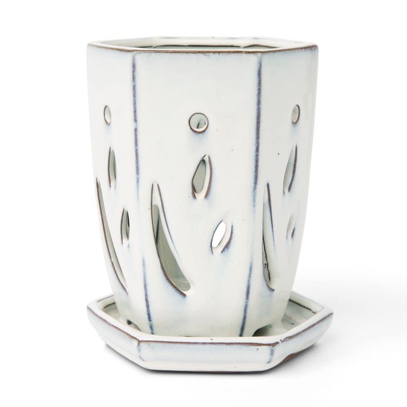 rePotme 4 x 6 inch Ceramic Orchid Pot (White Diamond) - Hexagon Orchid Pot with Holes - Image 2